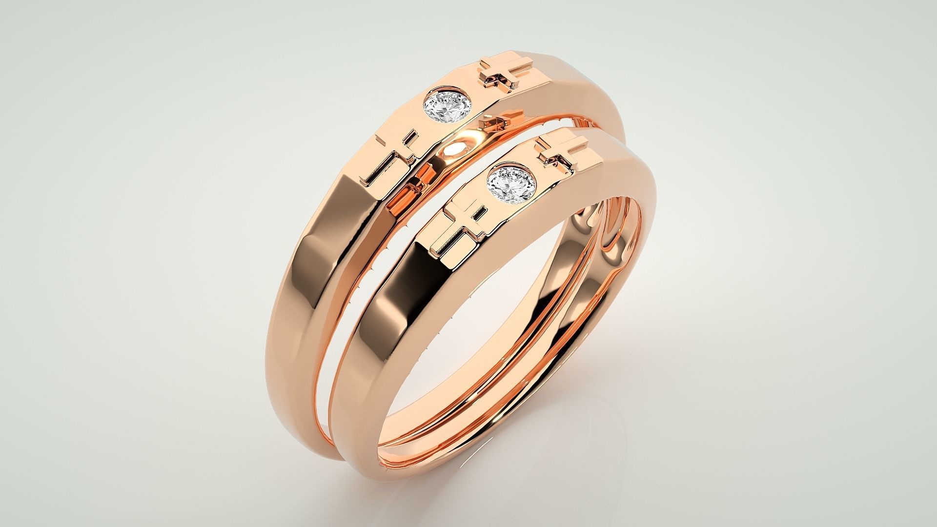 Solitaire Cross Couple Band Ring 3dm stl render detail 3D print model_3