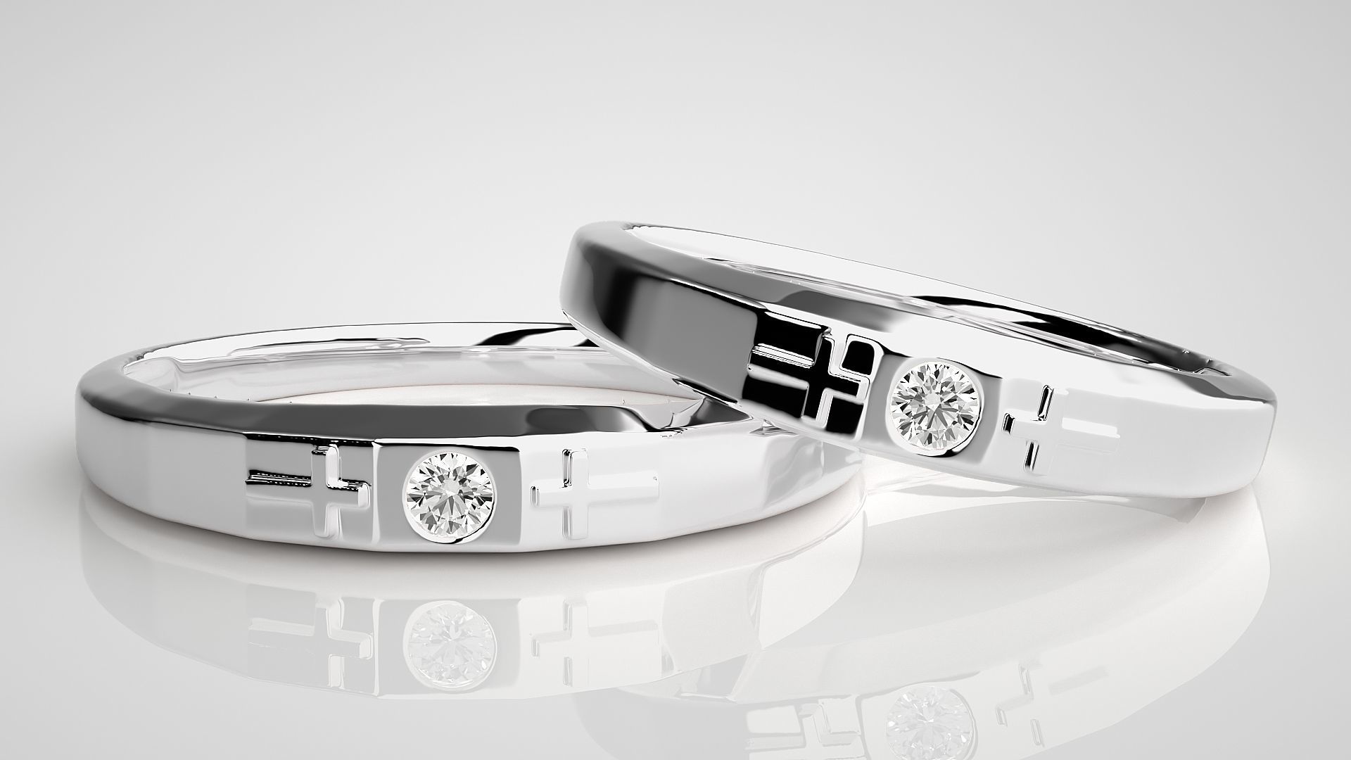 Solitaire Cross Couple Band Ring 3dm stl render detail 3D print model_5