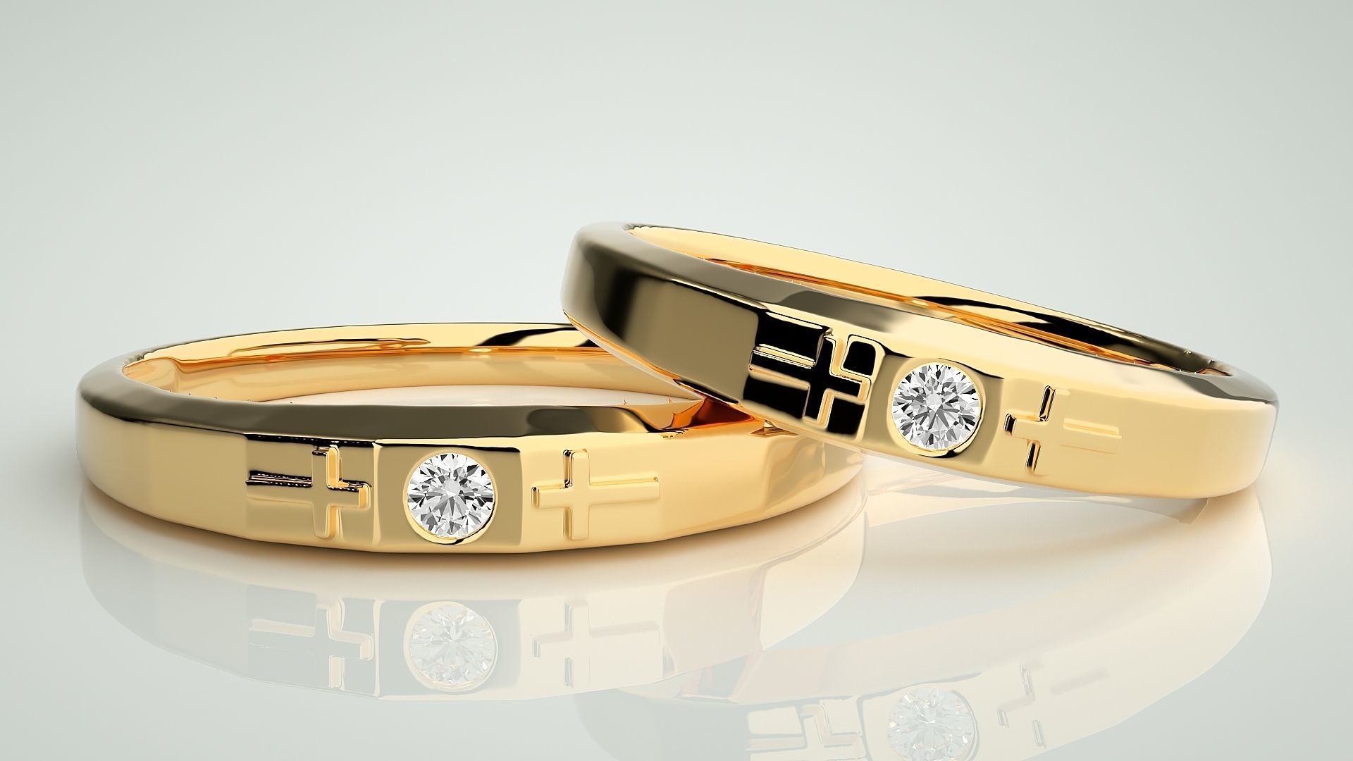 Solitaire Cross Couple Band Ring 3dm stl render detail 3D print model_9