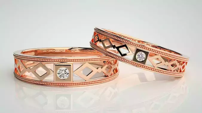 Solitaire Mesh Couple Band Ring 3dm stl render detail