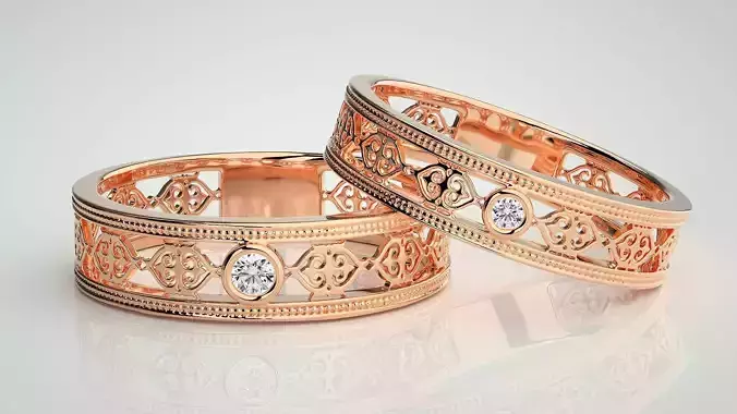 Solitaire Couple Band Ring 3dm stl render detail