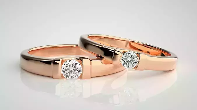 Solitaire Couple Band Ring 3dm stl render detail