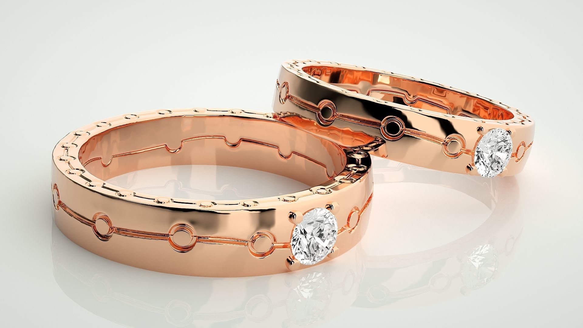 Solitaire Chain Link Couple Band Ring 3dm stl render detail 3D print model_1
