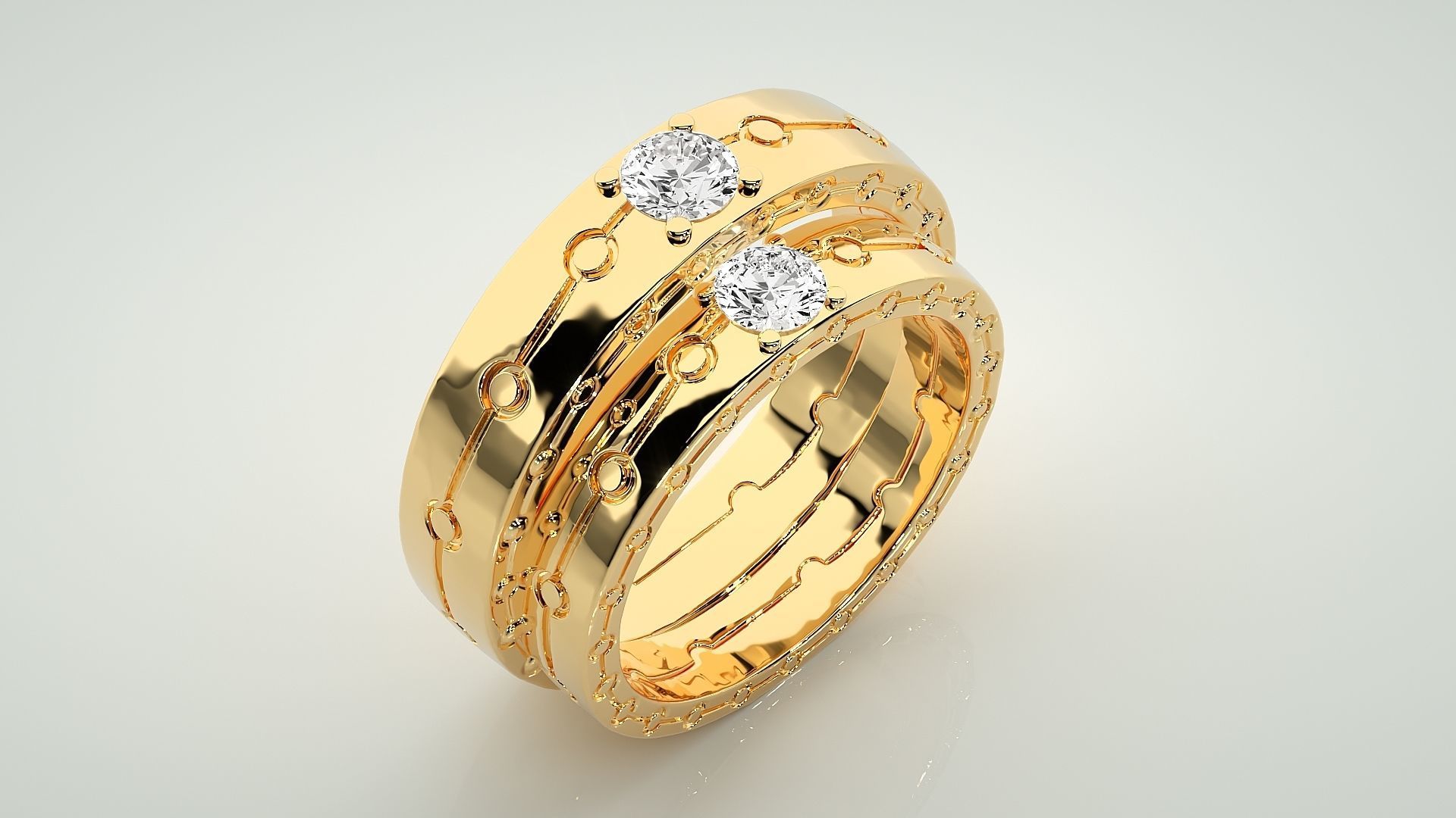 Solitaire Chain Link Couple Band Ring 3dm stl render detail 3D print model_12