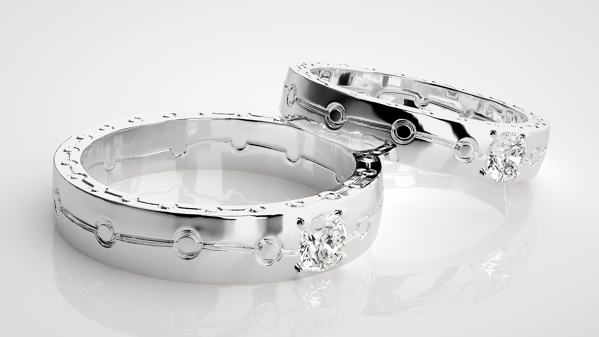 Solitaire Chain Link Couple Band Ring 3dm stl render detail 3D print model_6