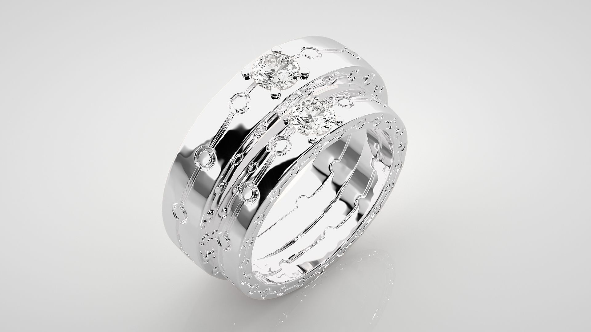 Solitaire Chain Link Couple Band Ring 3dm stl render detail 3D print model_8