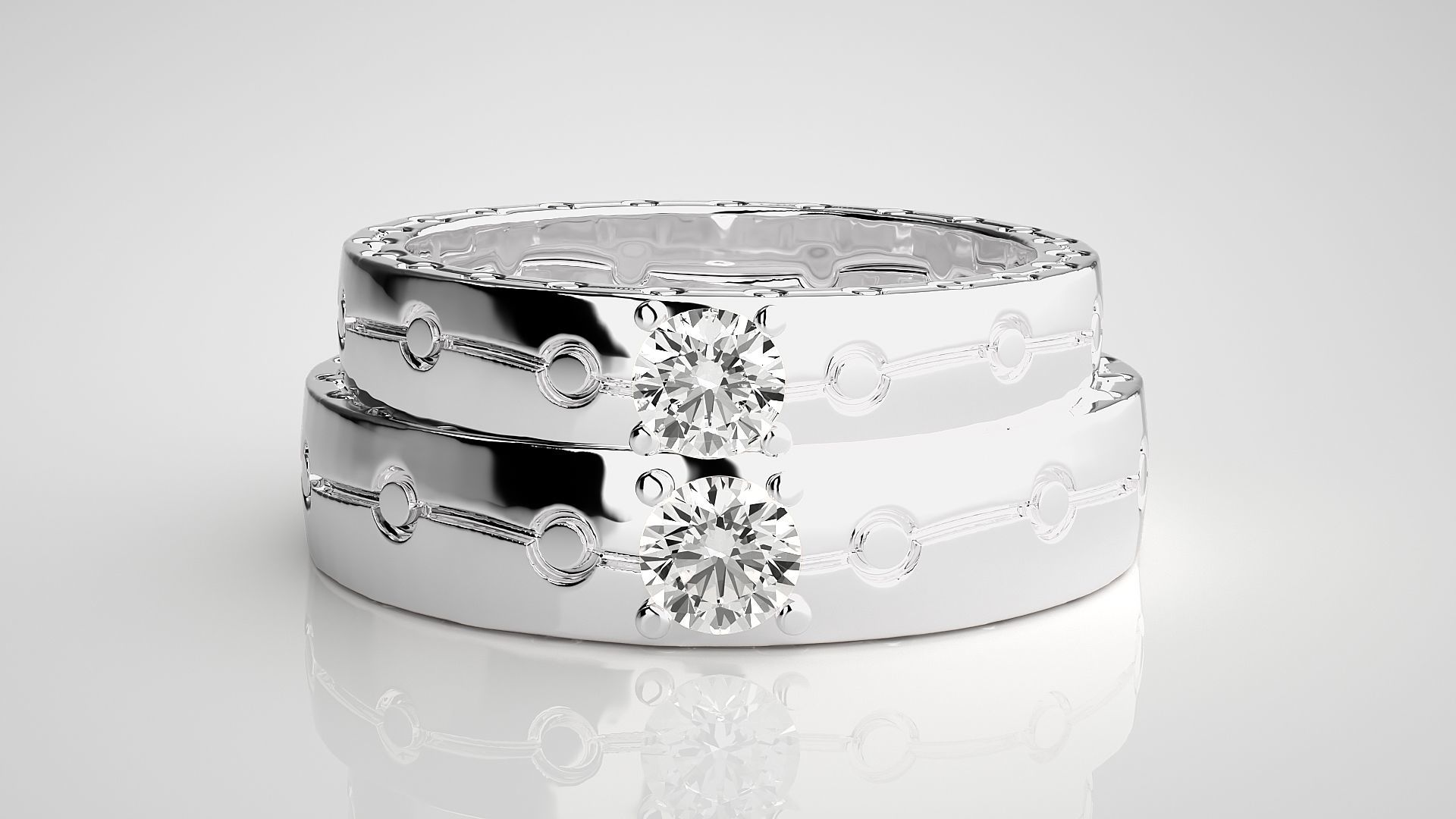 Solitaire Chain Link Couple Band Ring 3dm stl render detail 3D print model_7