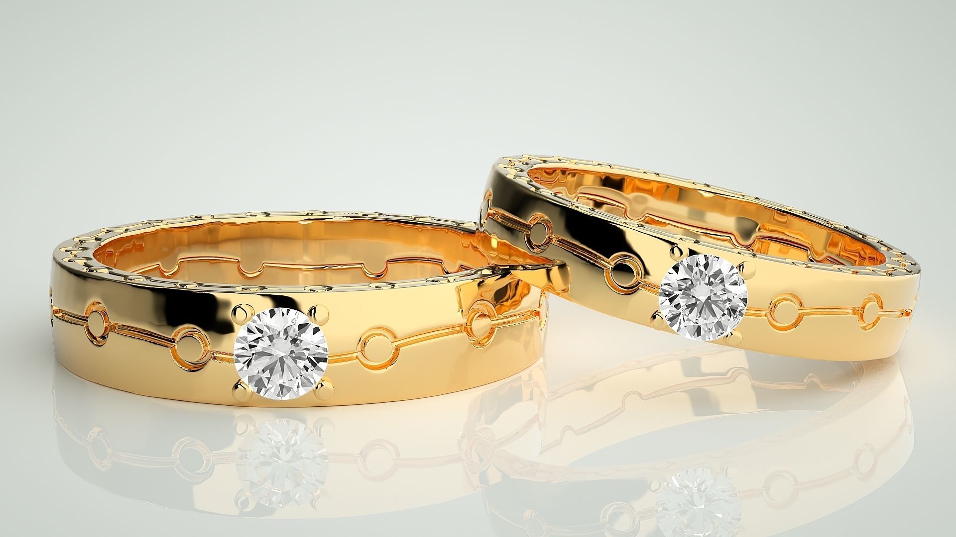 Solitaire Chain Link Couple Band Ring 3dm stl render detail 3D print model_9