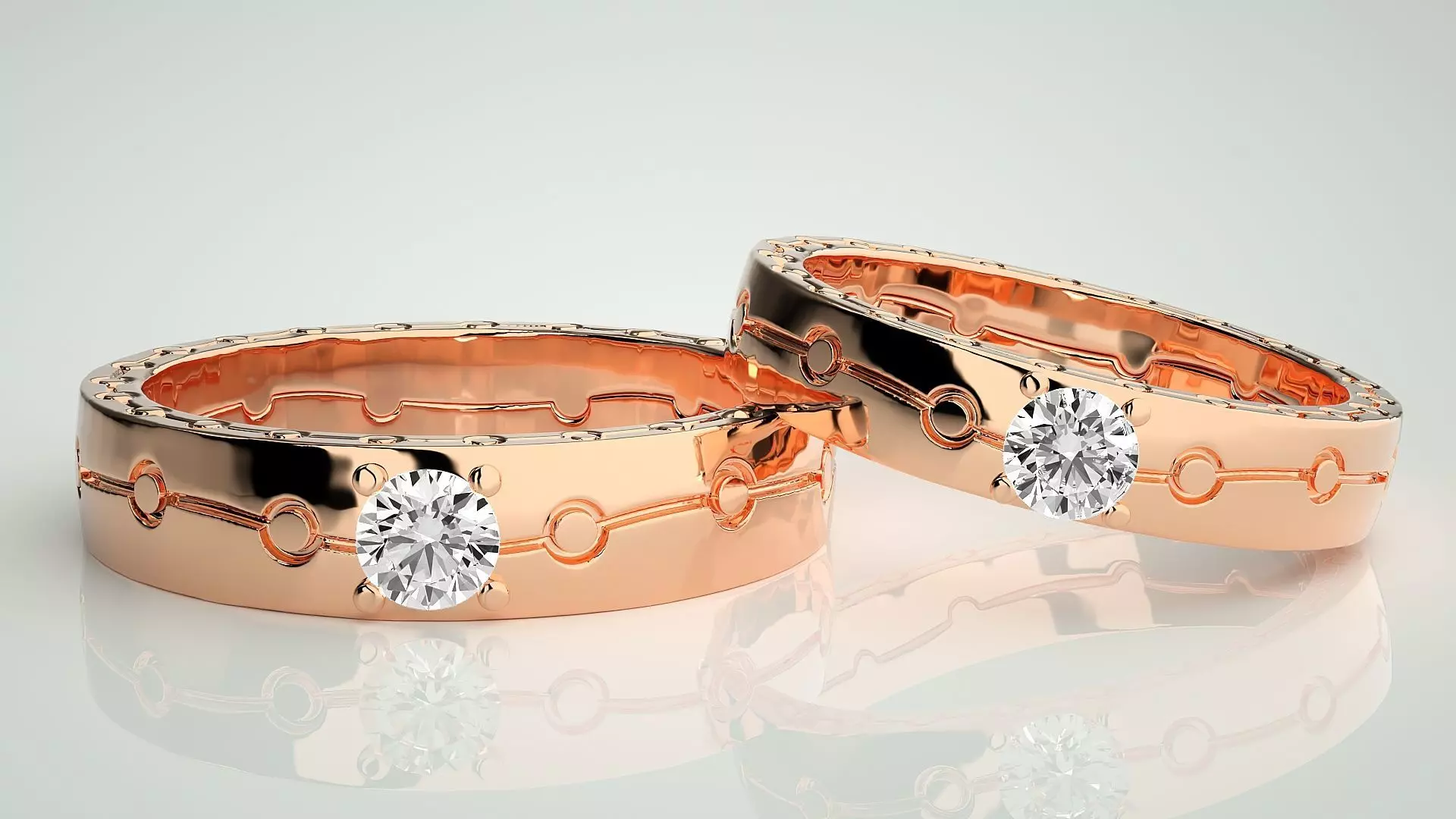 Solitaire Chain Link Couple Band Ring 3dm stl render detail 3D print model_0