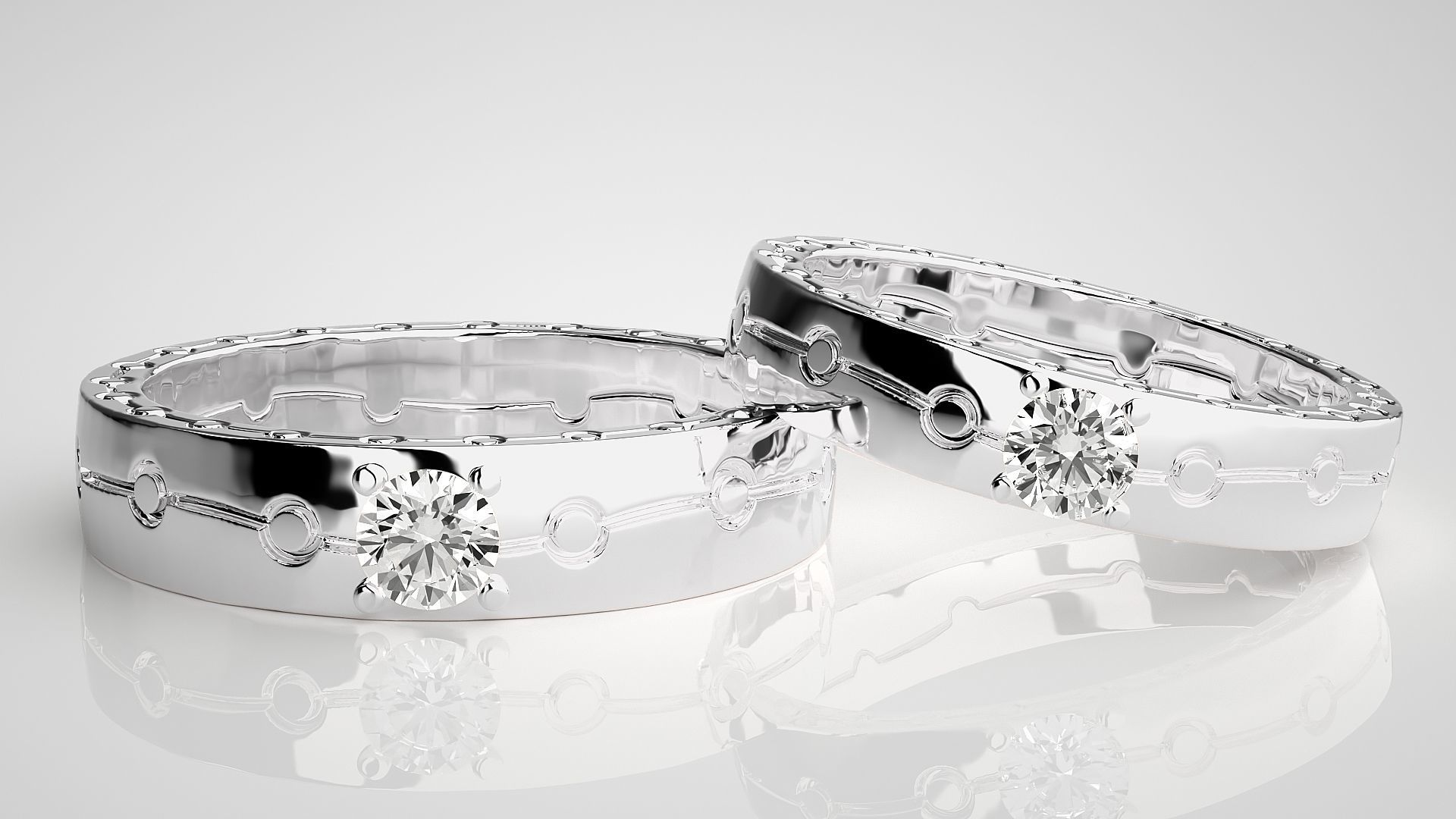 Solitaire Chain Link Couple Band Ring 3dm stl render detail 3D print model_5