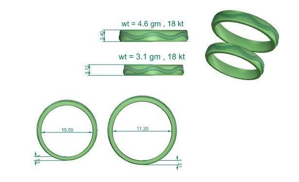 Wave Plain Gold Couple Band Ring 3dm stl render detail 3D print model_3