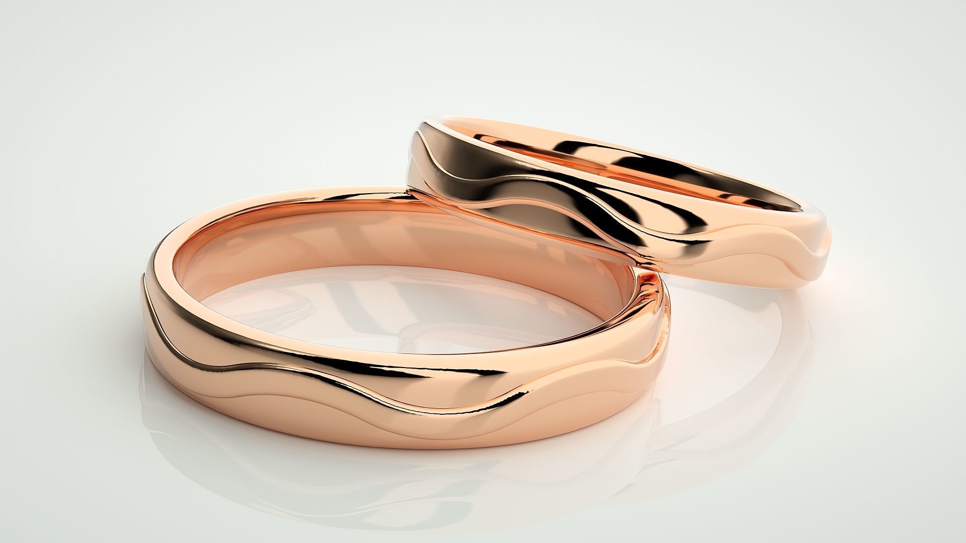 Wave Plain Gold Couple Band Ring 3dm stl render detail 3D print model_1