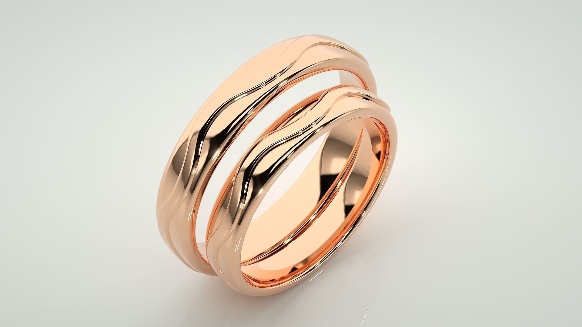 Wave Plain Gold Couple Band Ring 3dm stl render detail 3D print model_4