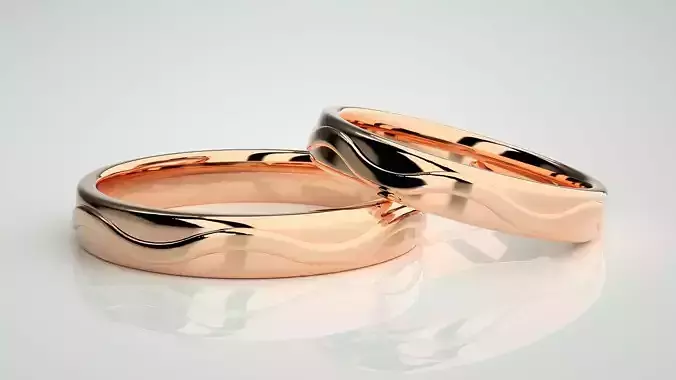 Wave Plain Gold Couple Band Ring 3dm stl render detail