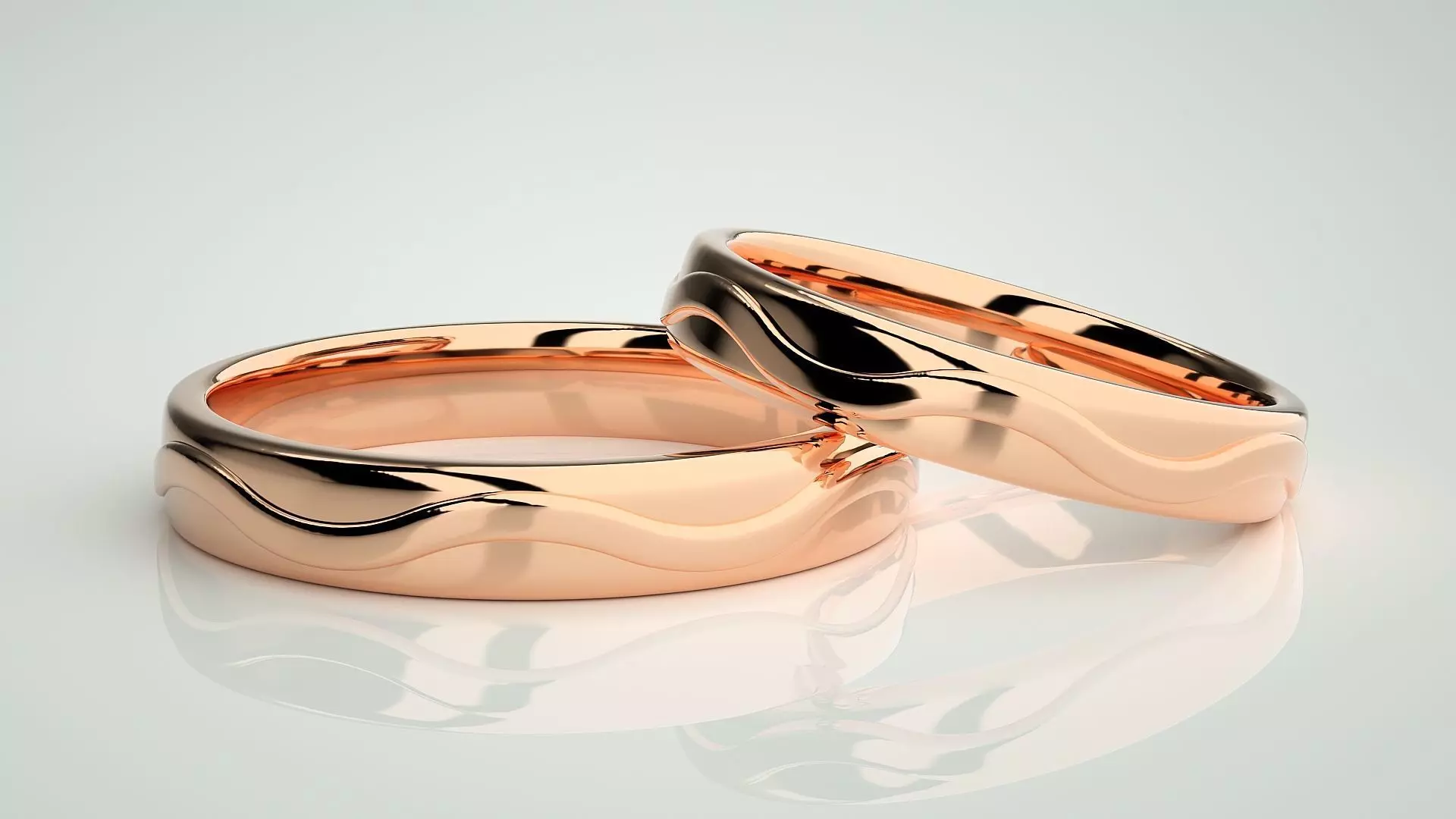 Wave Plain Gold Couple Band Ring 3dm stl render detail 3D print model_0