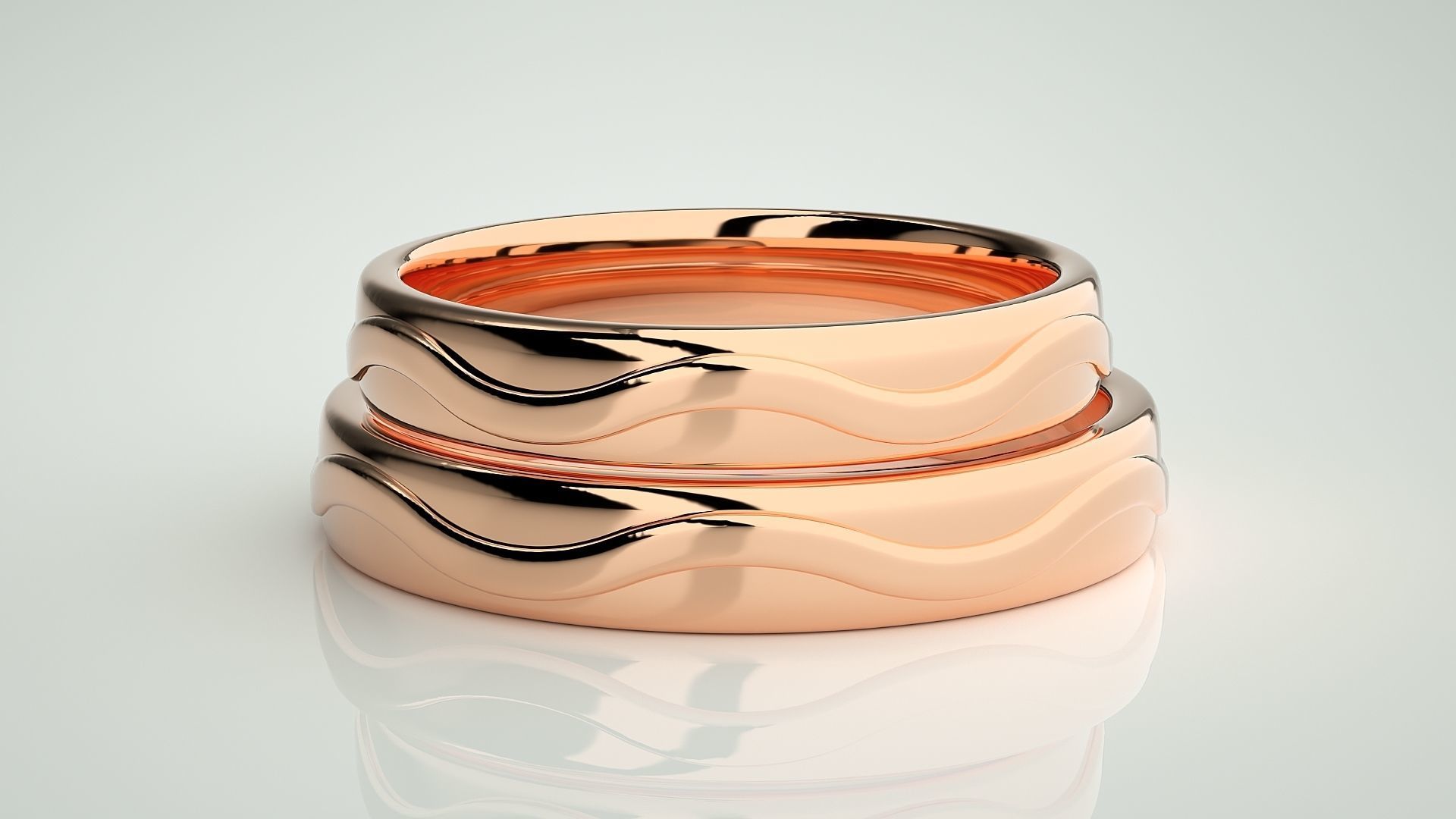 Wave Plain Gold Couple Band Ring 3dm stl render detail 3D print model_2