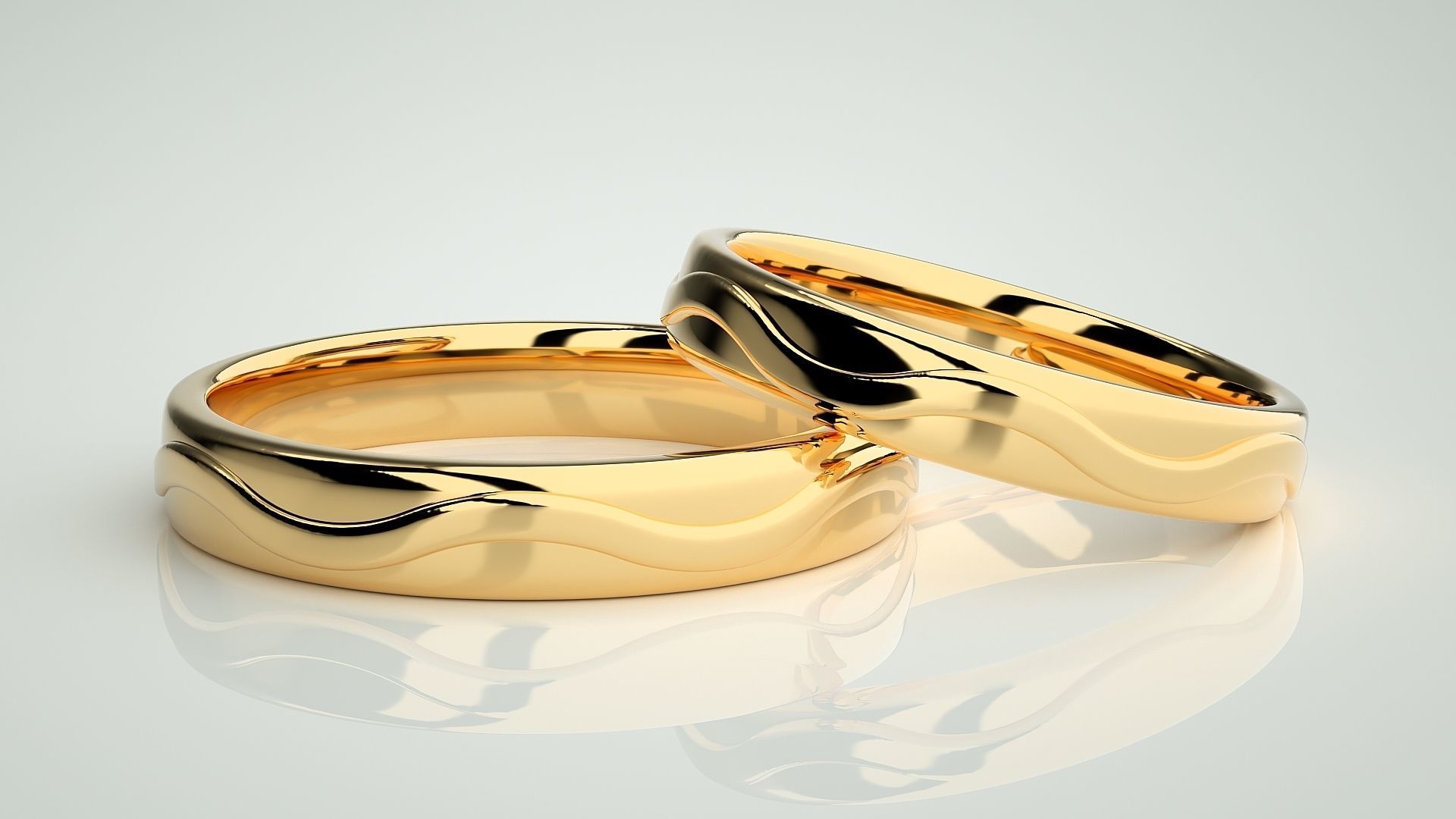Wave Plain Gold Couple Band Ring 3dm stl render detail 3D print model_9