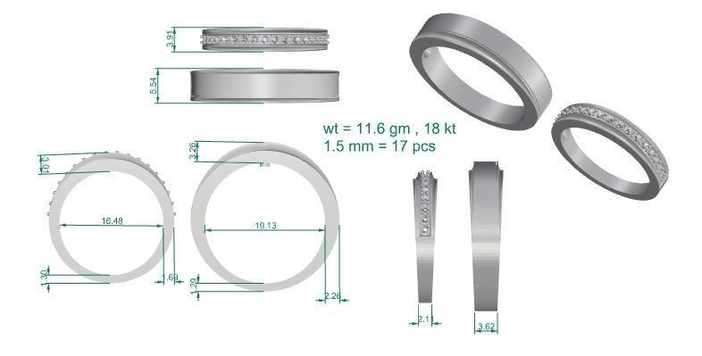 Diamond Couple Band Ring 3dm stl render detail 3D print model_3