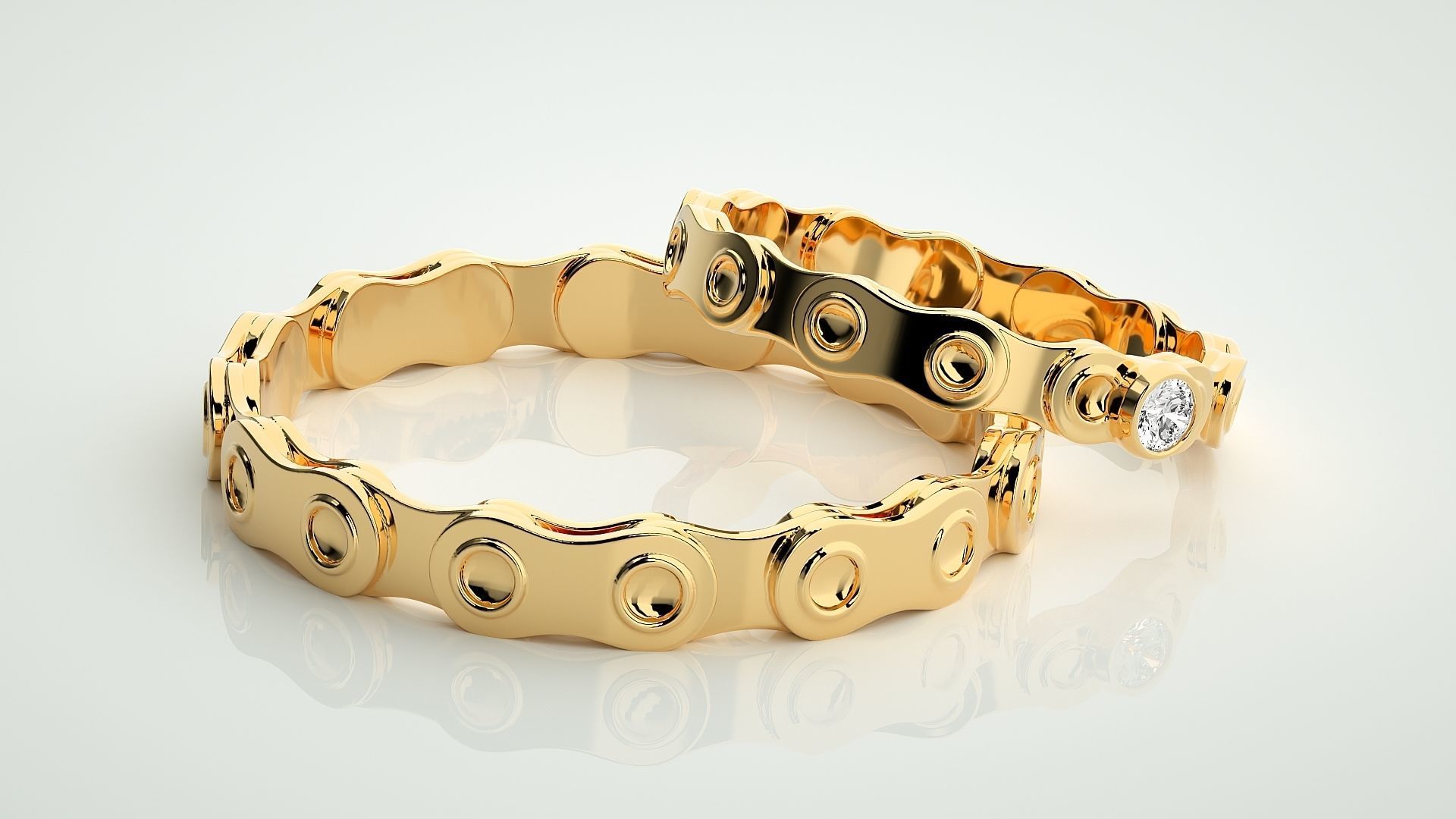 Chain Theme Solitaire Couple Band Ring 3dm stl render detail 3D print model_10
