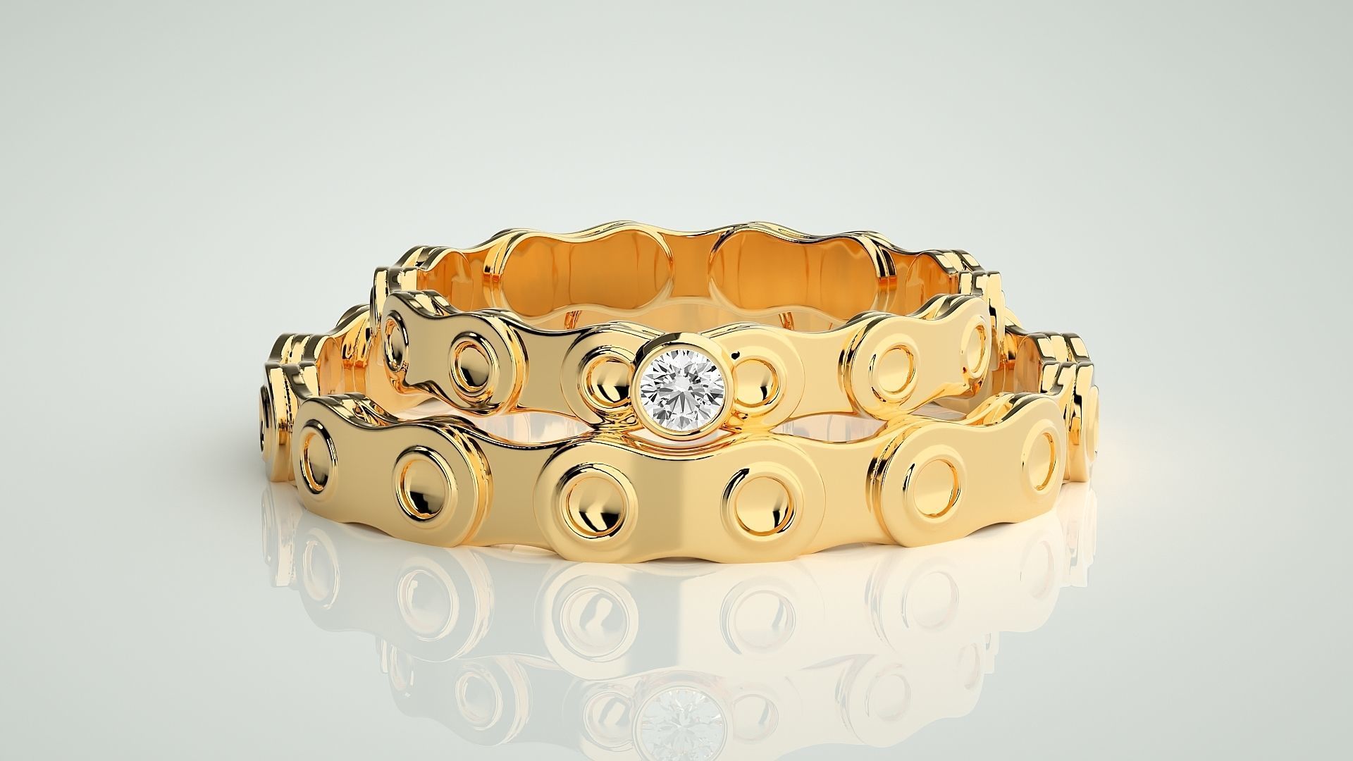 Chain Theme Solitaire Couple Band Ring 3dm stl render detail 3D print model_11