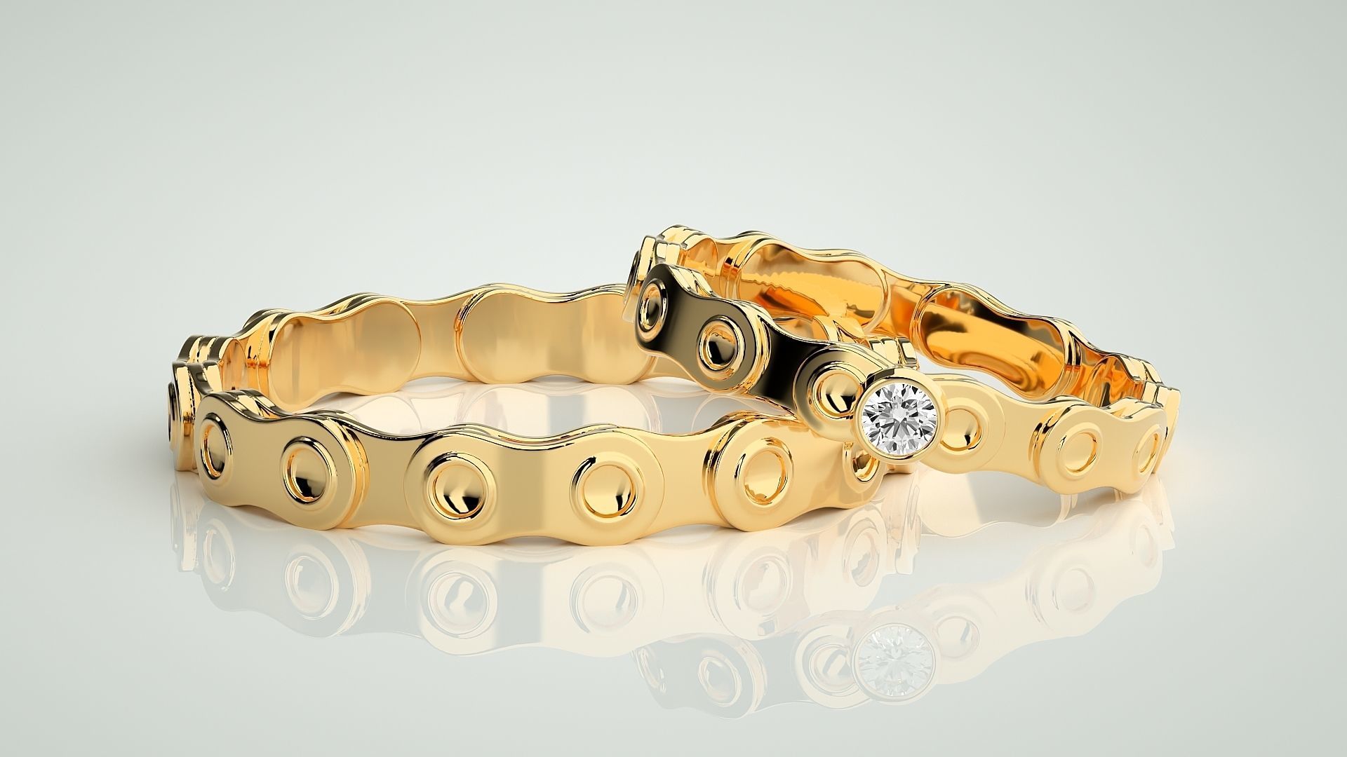 Chain Theme Solitaire Couple Band Ring 3dm stl render detail 3D print model_9
