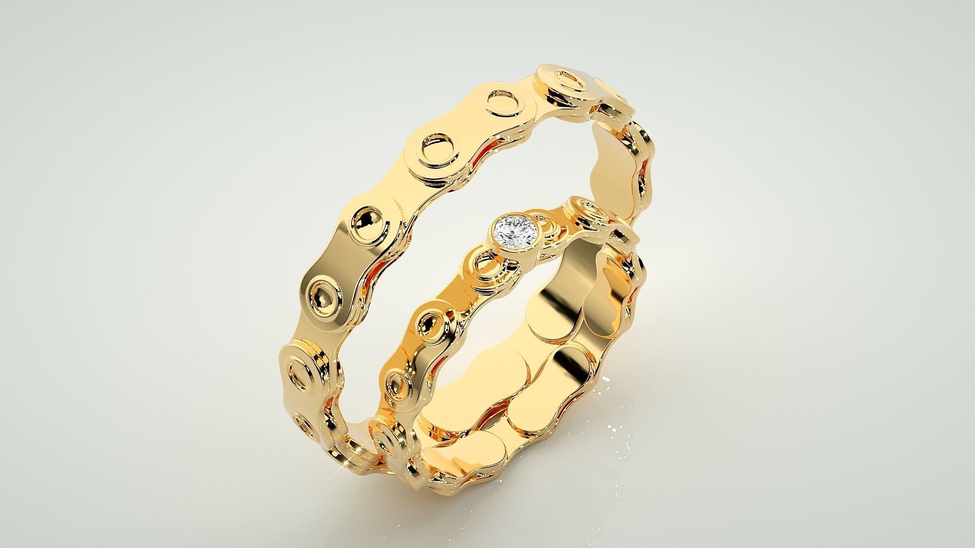 Chain Theme Solitaire Couple Band Ring 3dm stl render detail 3D print model_12