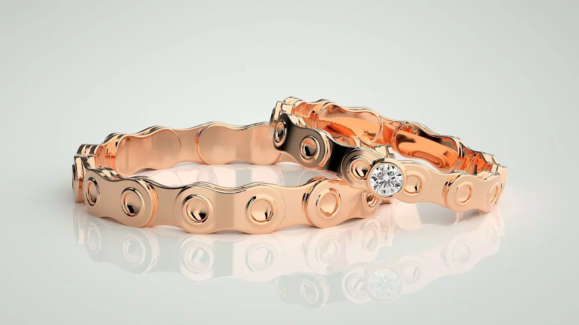 Chain Theme Solitaire Couple Band Ring 3dm stl render detail 3D print model_0