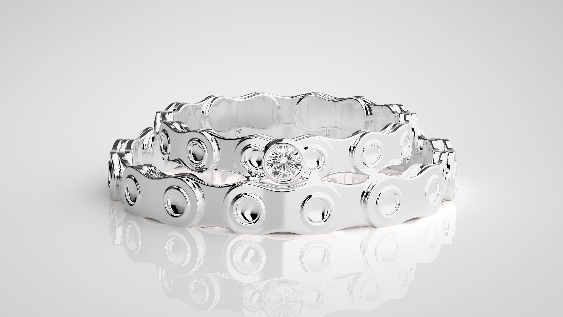 Chain Theme Solitaire Couple Band Ring 3dm stl render detail 3D print model_7