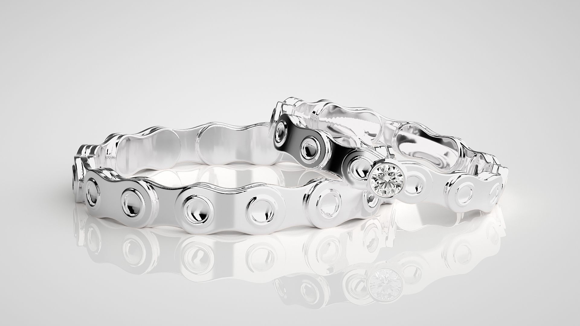 Chain Theme Solitaire Couple Band Ring 3dm stl render detail 3D print model_5