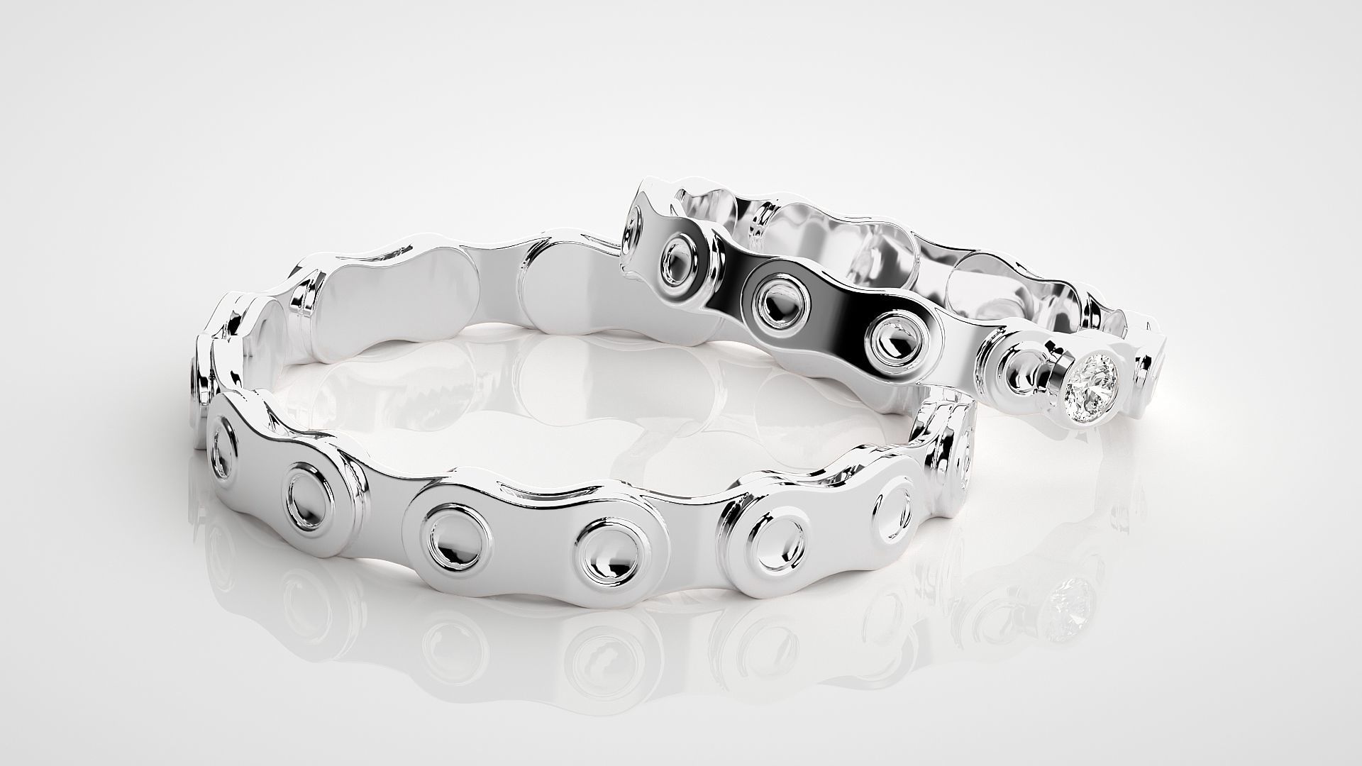 Chain Theme Solitaire Couple Band Ring 3dm stl render detail 3D print model_6
