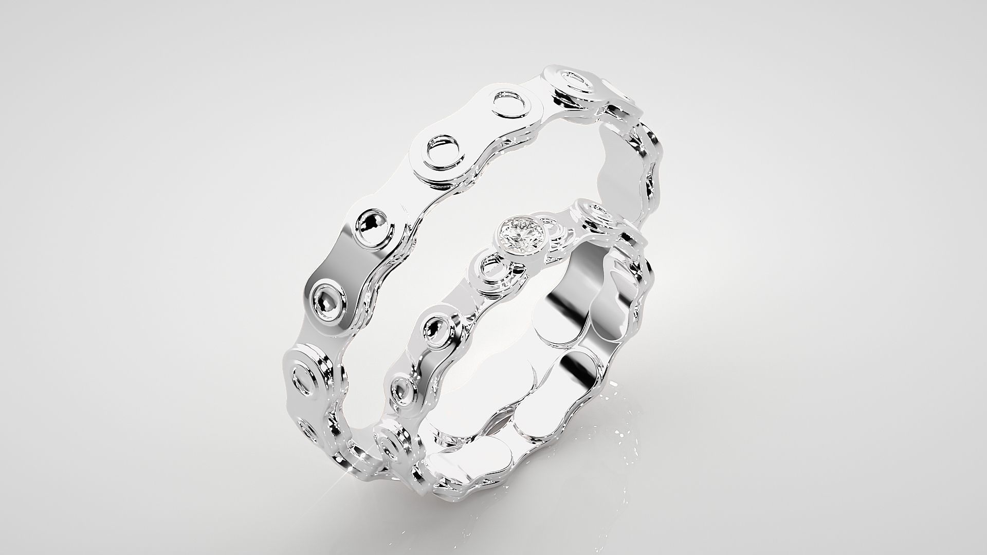 Chain Theme Solitaire Couple Band Ring 3dm stl render detail 3D print model_8