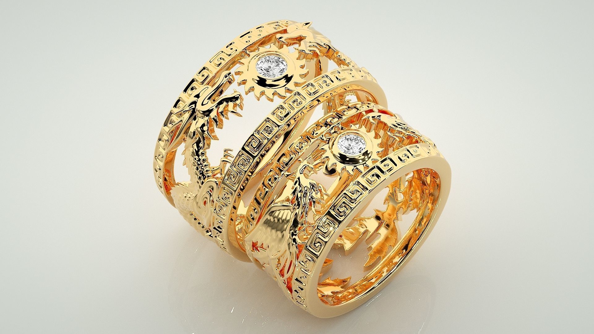 Dragon and Sun Solitaire Couple Band Ring 3dm stl render detail 3D print model_13