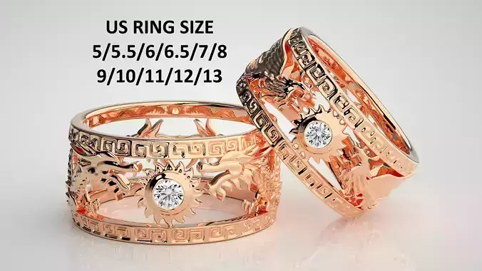Dragon and Sun Solitaire Couple Band Ring 3dm stl render detail 3D print model
