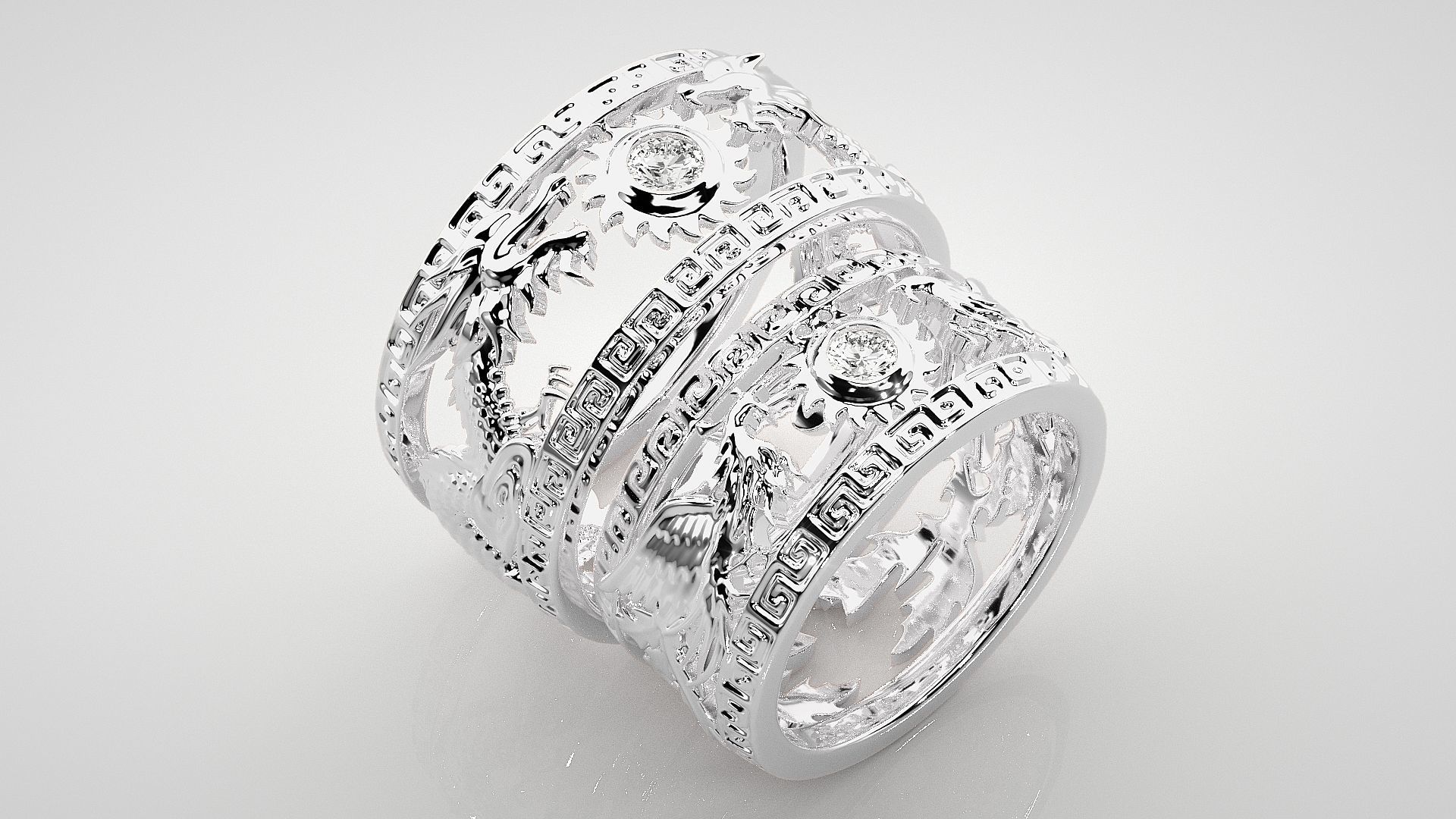 Dragon and Sun Solitaire Couple Band Ring 3dm stl render detail 3D print model_9