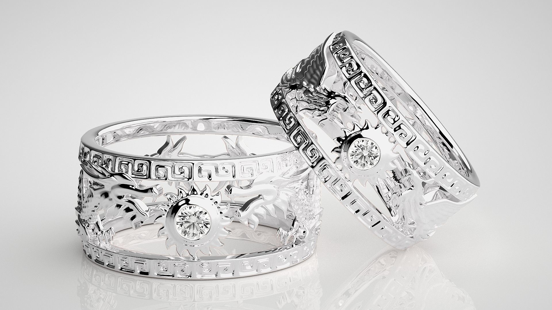 Dragon and Sun Solitaire Couple Band Ring 3dm stl render detail 3D print model_6