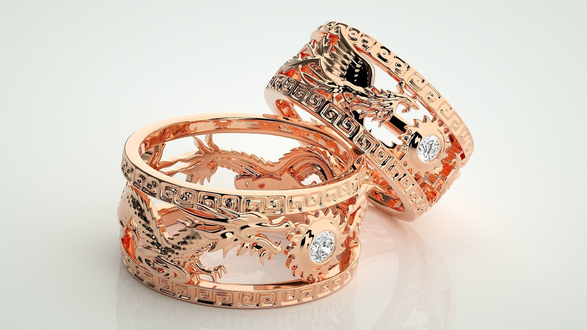 Dragon and Sun Solitaire Couple Band Ring 3dm stl render detail 3D print model_3