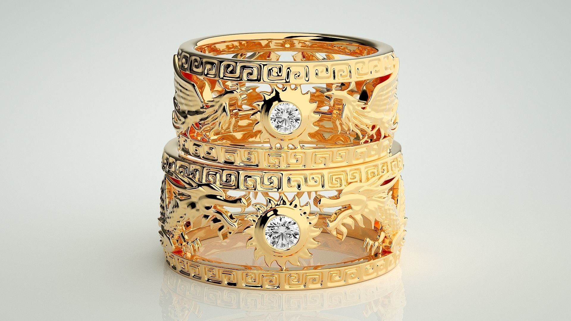 Dragon and Sun Solitaire Couple Band Ring 3dm stl render detail 3D print model_12