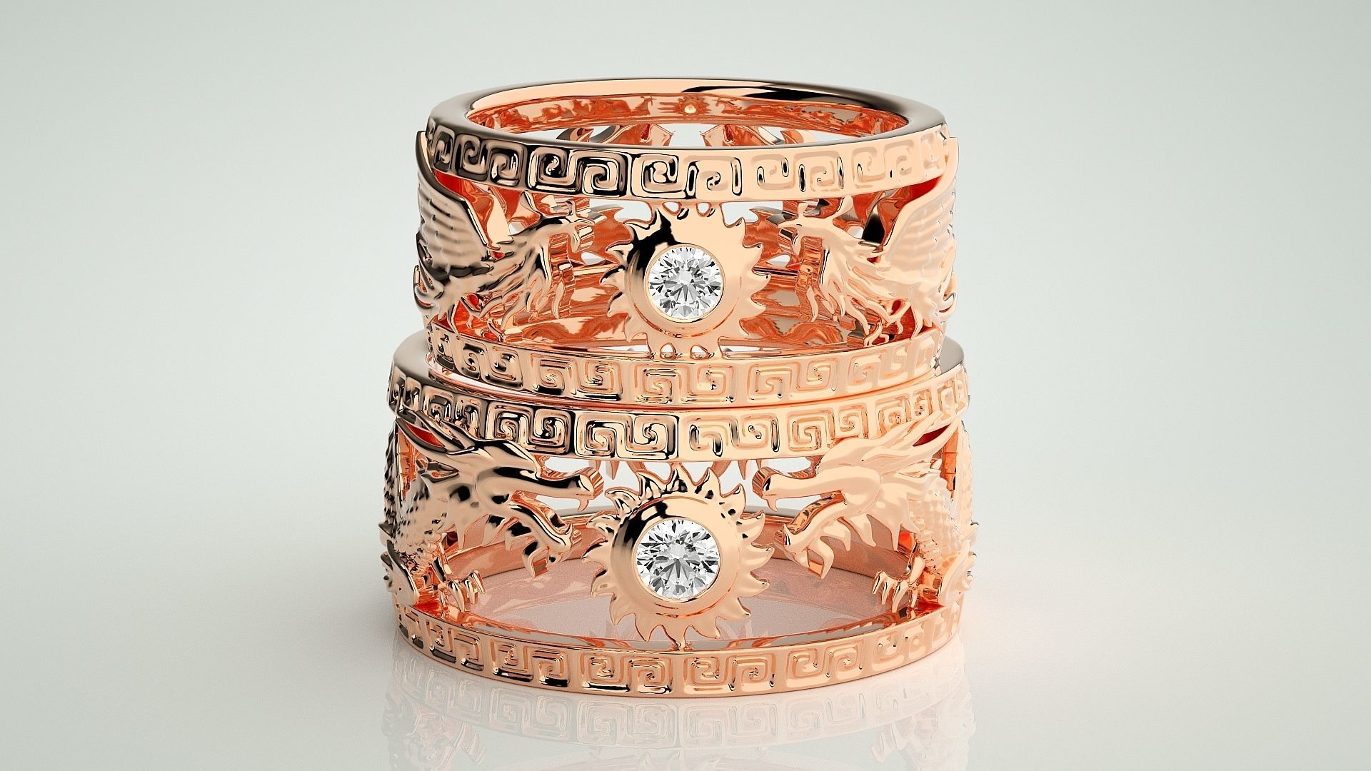 Dragon and Sun Solitaire Couple Band Ring 3dm stl render detail 3D print model_2