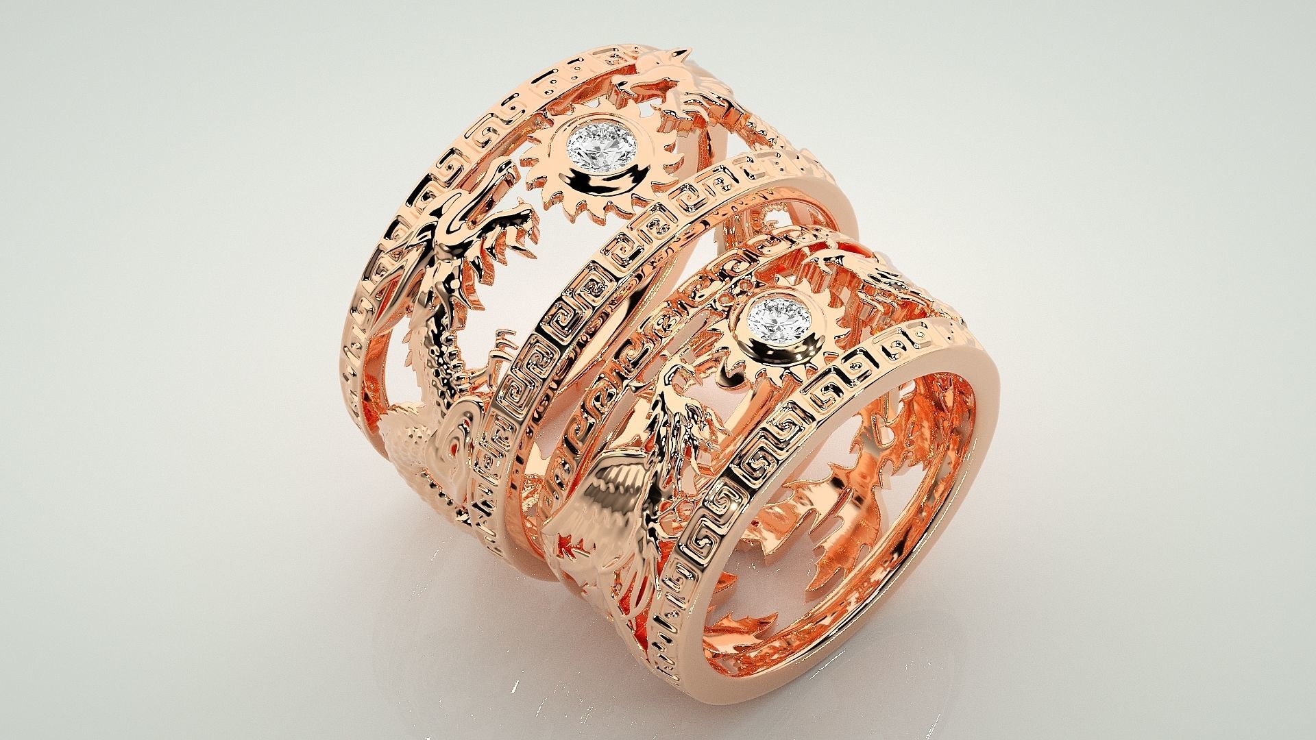 Dragon and Sun Solitaire Couple Band Ring 3dm stl render detail 3D print model_5