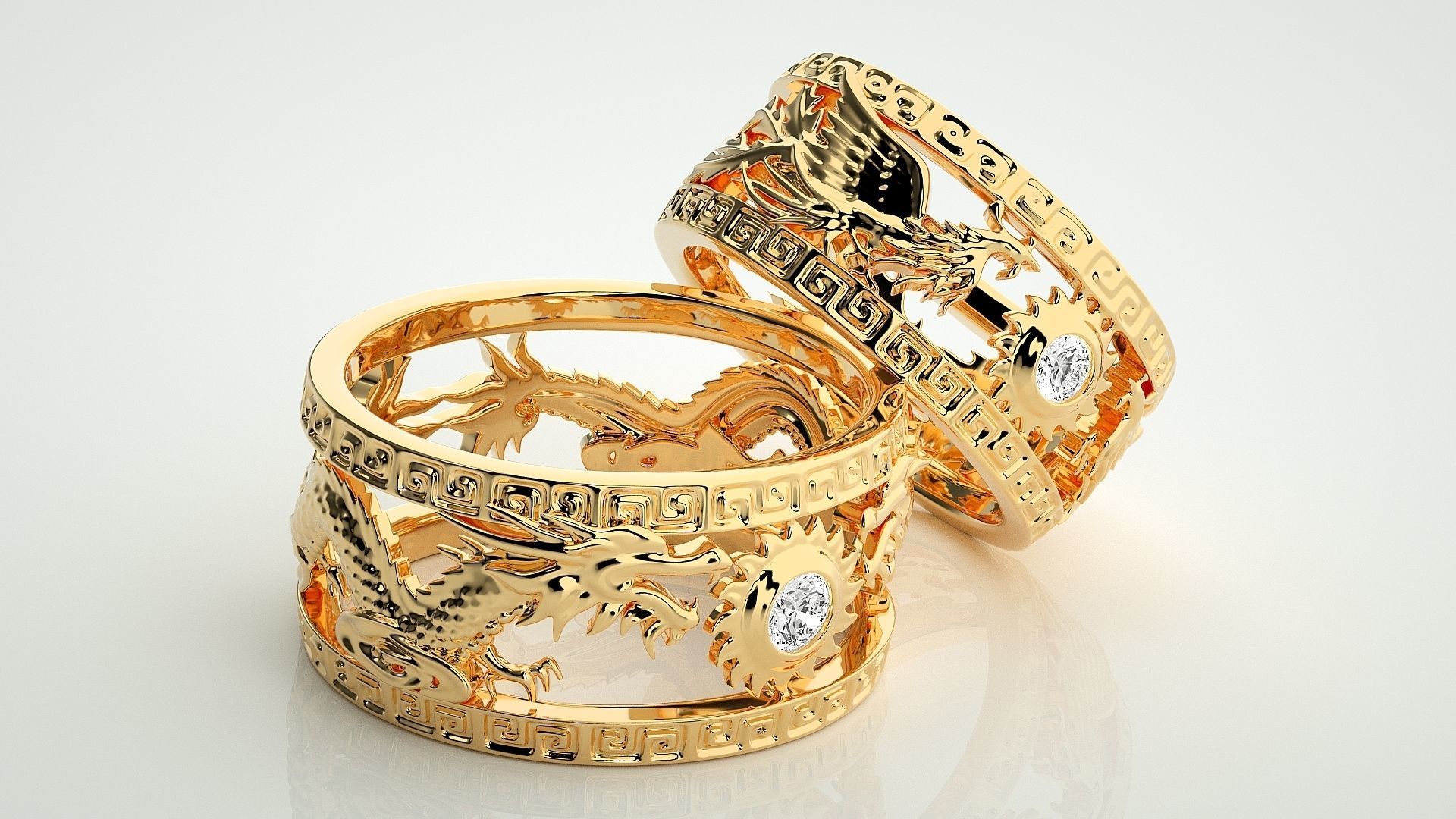 Dragon and Sun Solitaire Couple Band Ring 3dm stl render detail 3D print model_11