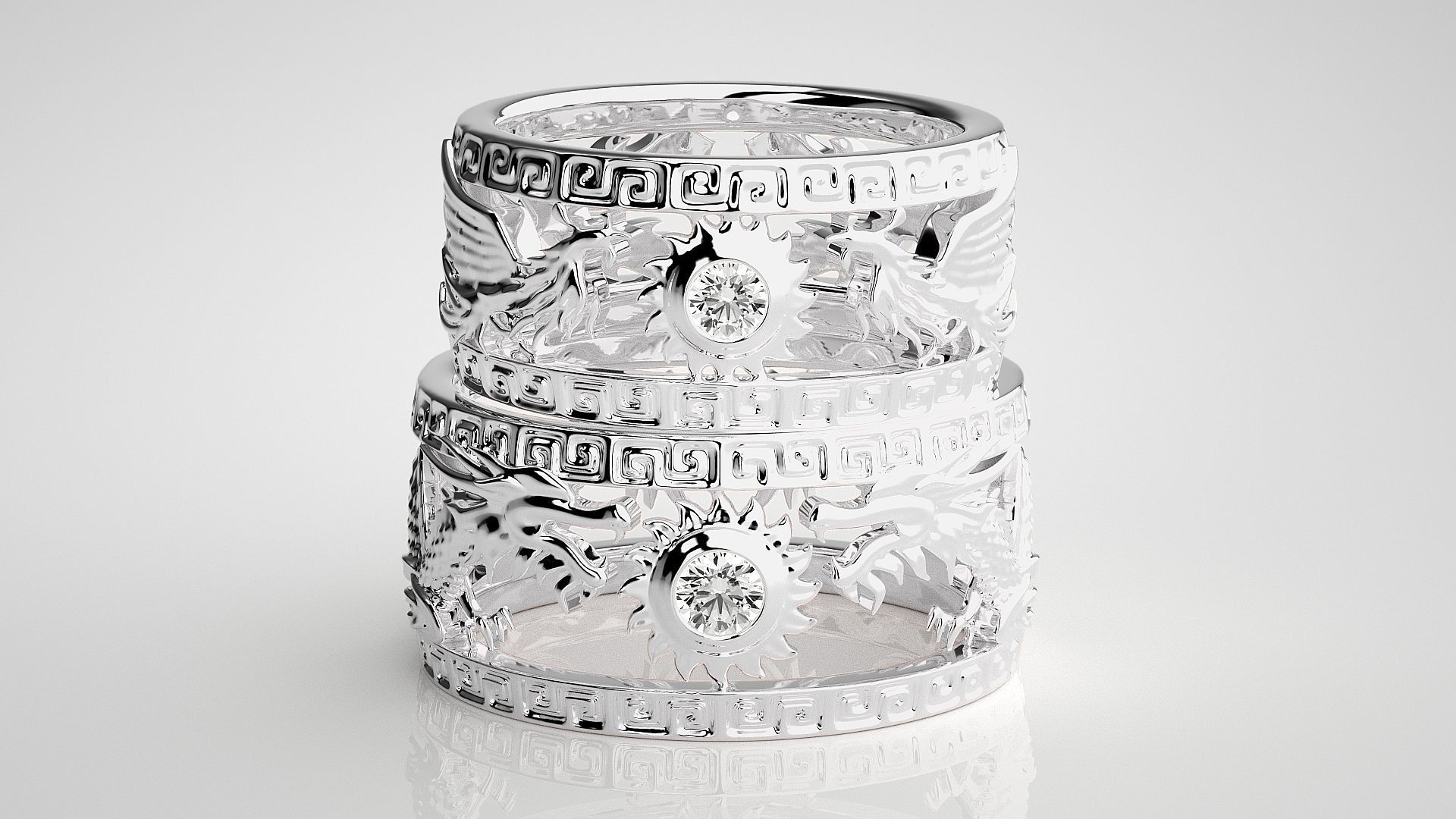 Dragon and Sun Solitaire Couple Band Ring 3dm stl render detail 3D print model_8