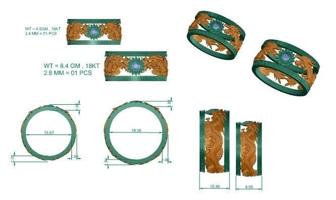 Dragon and Sun Solitaire Couple Band Ring 3dm stl render detail 3D print model_4