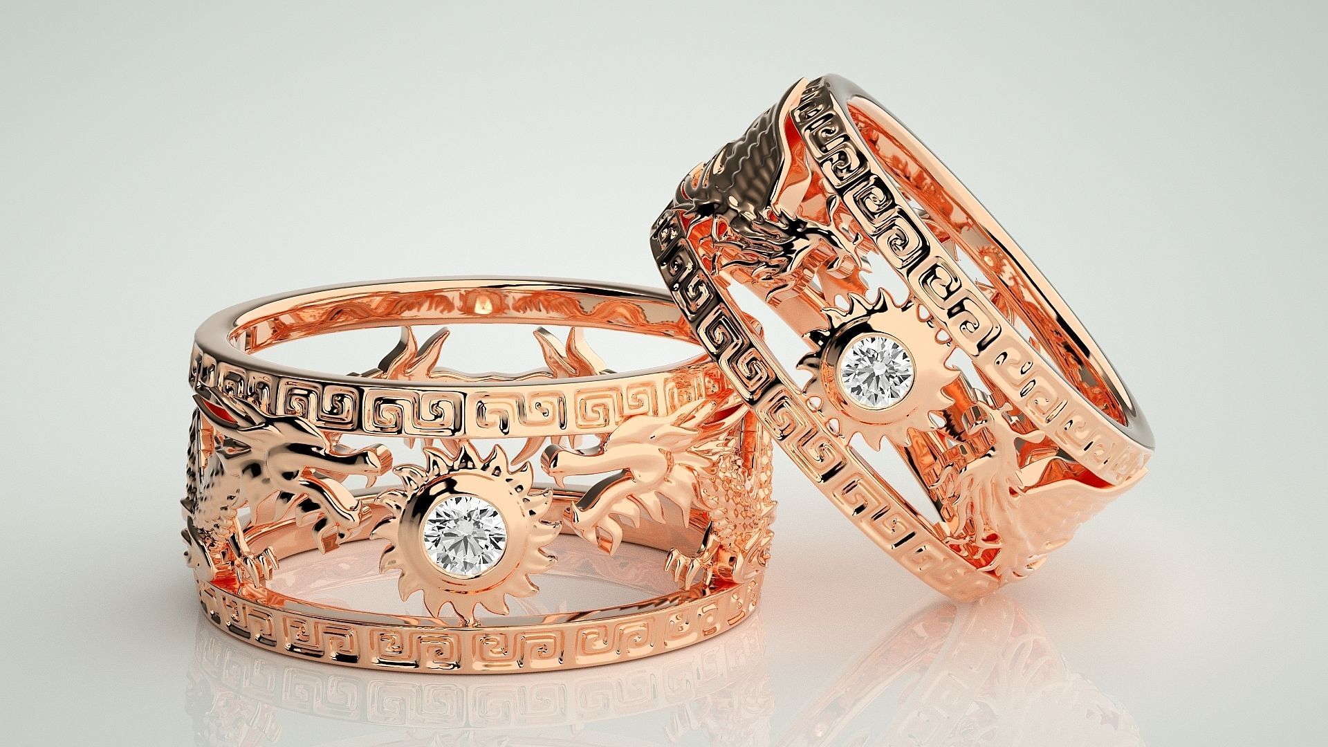 Dragon and Sun Solitaire Couple Band Ring 3dm stl render detail 3D print model_1
