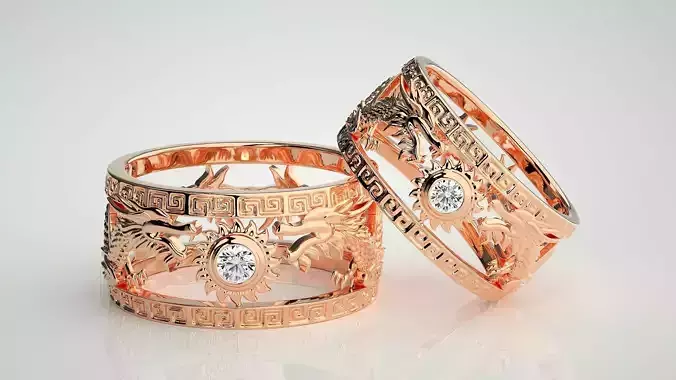 Dragon and Sun Theme Couple Band Ring 3dm stl render detail