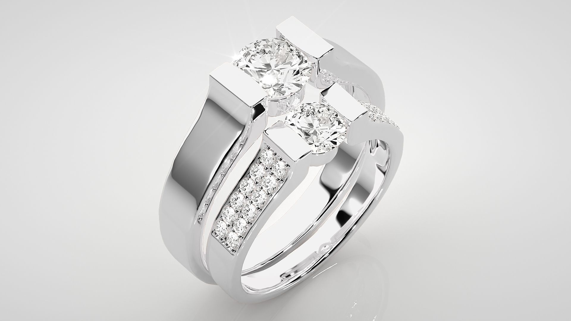 Solitaire Couple Band Ring 3dm stl render detail 3D print model_8