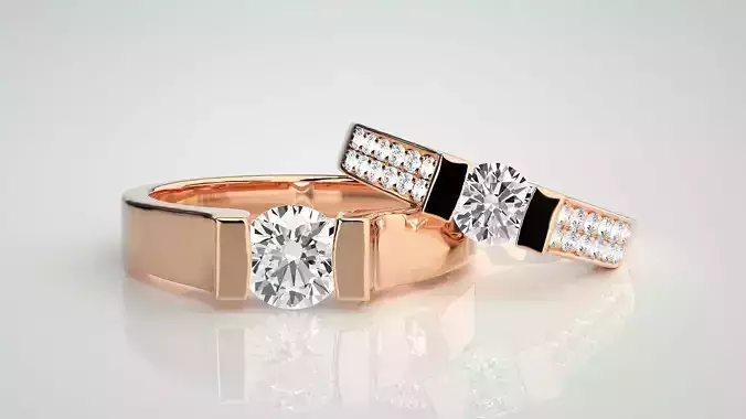 Solitaire Couple Band Ring 3dm stl render detail