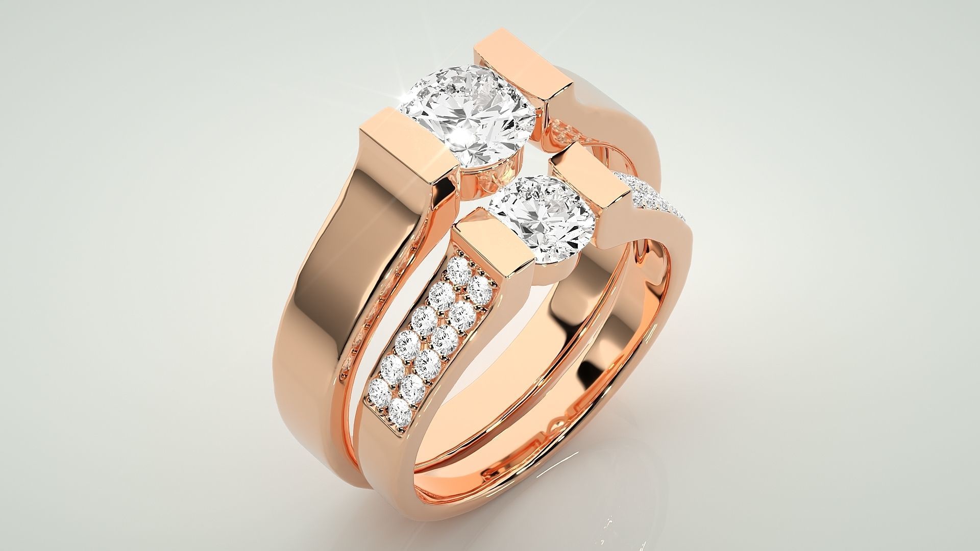 Solitaire Couple Band Ring 3dm stl render detail 3D print model_4