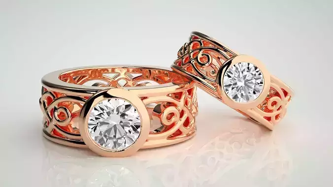 Solitaire Mesh Couple Band Ring 3dm stl render detail