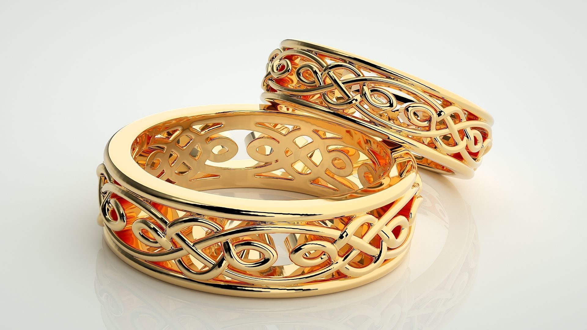 Wave Mesh Plain Gold Couple Band Ring 3dm stl render detail 3D print model_10