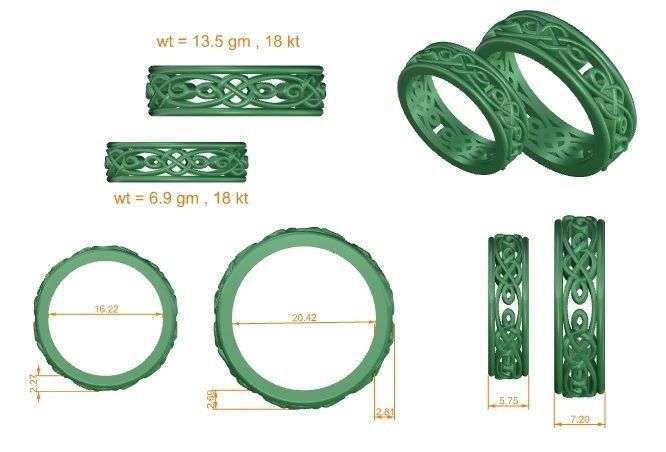 Wave Mesh Plain Gold Couple Band Ring 3dm stl render detail 3D print model_3